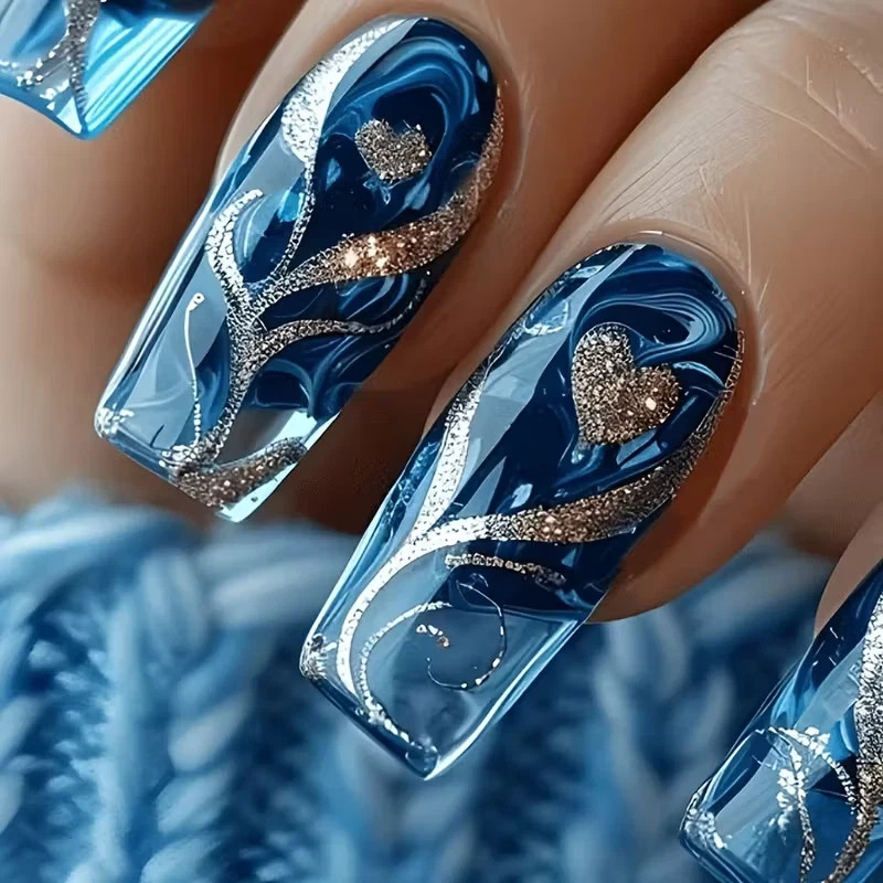 24pcs Blue Square Press-On Nails, Long, Glossy Silvery Pattern Heart Shape