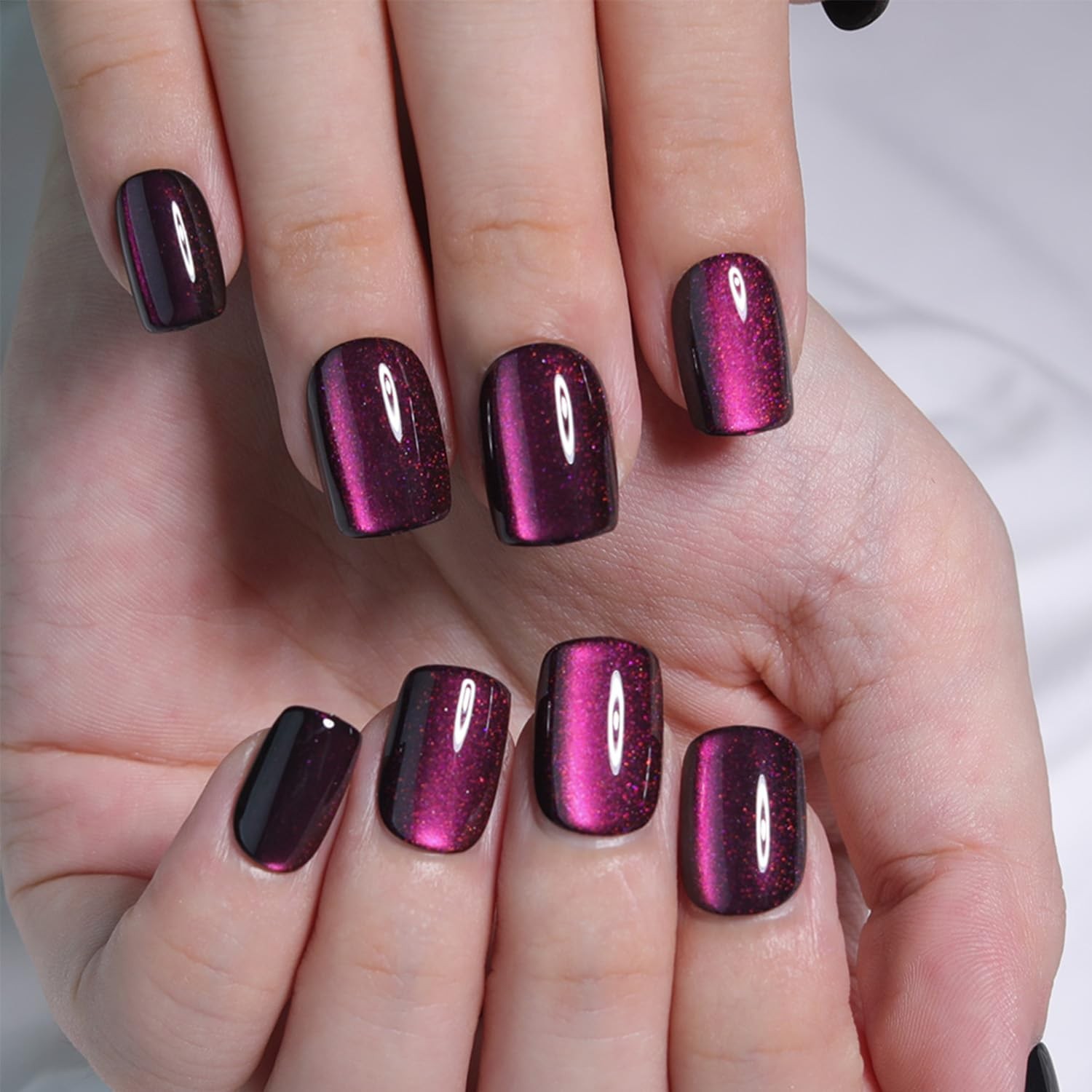 Purple Burgundy Cat Eye Press On Nails Short Square Soft Gel Fake Nails Reusa…