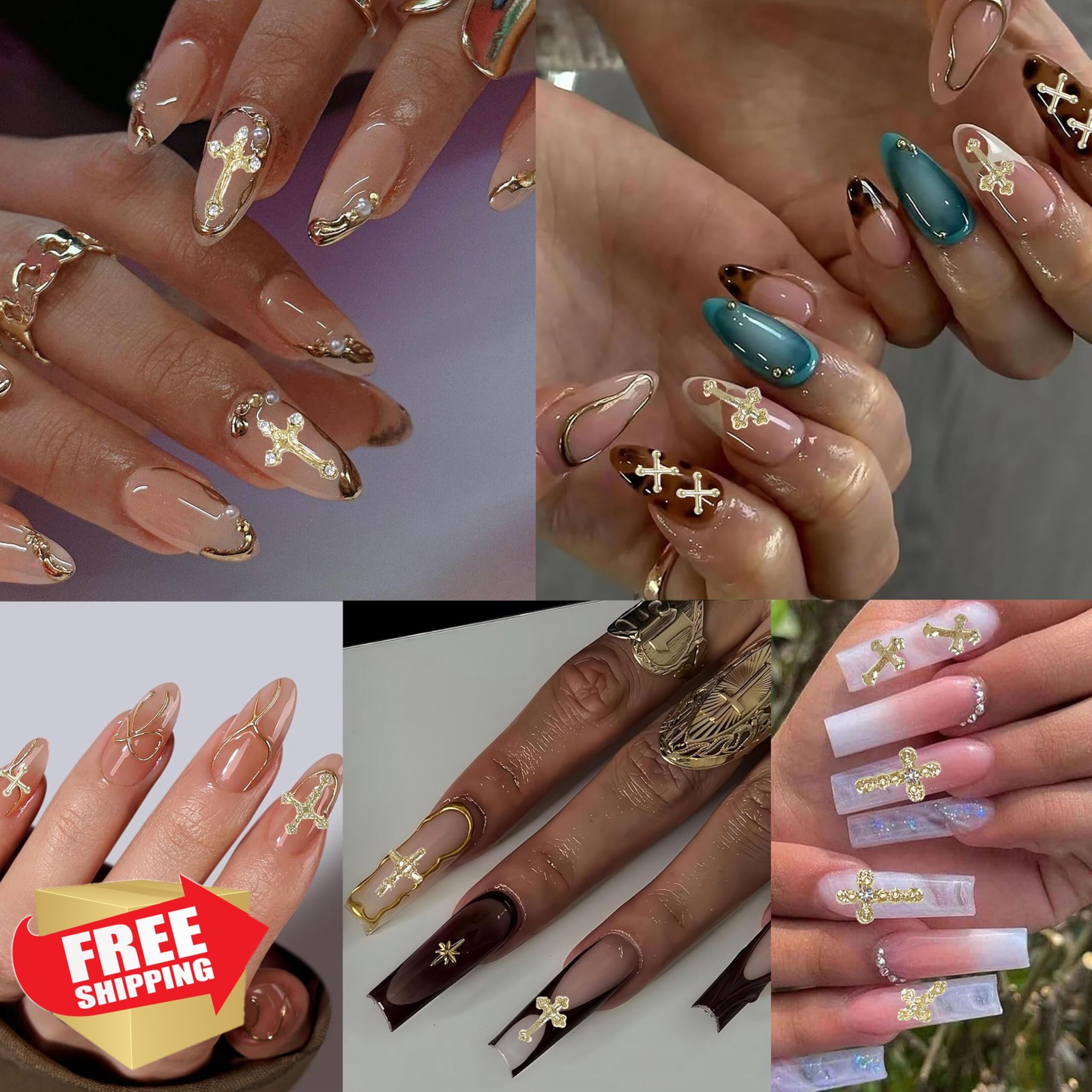 LERBOU 120pc Cross Nail Charms Gold Color 02