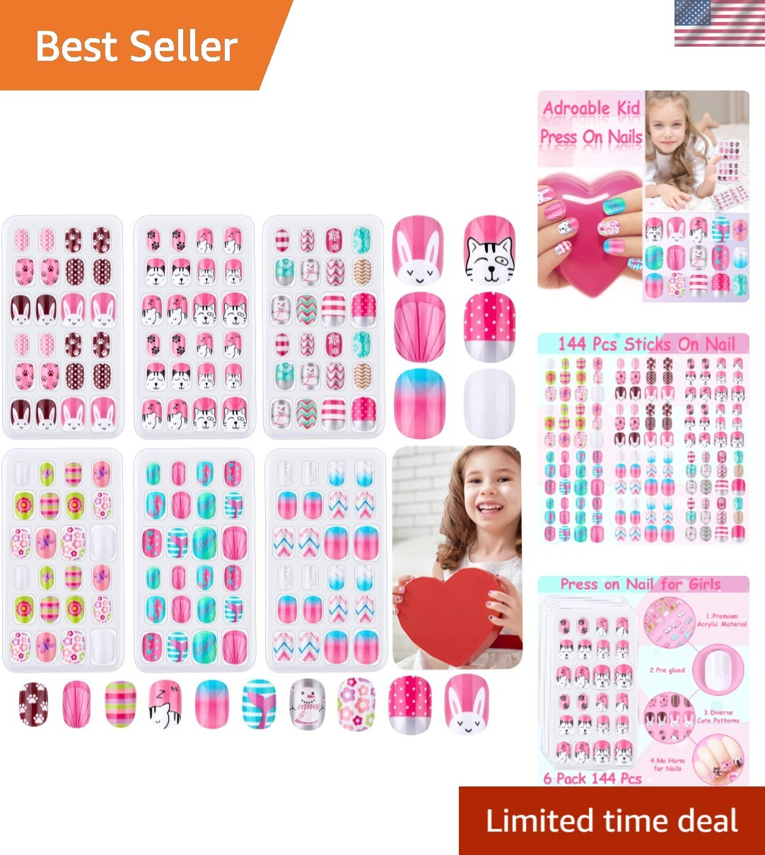Kids Press on Nails, 144Pcs Girls False Nails Children Artificial Fake Nail T…