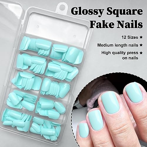 240pc Glossy Nails – Square Round – Mint Blue – Square Press on Nails