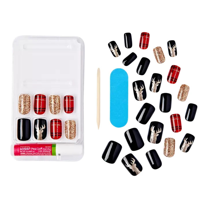 KISS MINTED Voguish Fantasy Nails ~ FV01YXY2 91989~ Med Square~ Holiday Reindeer