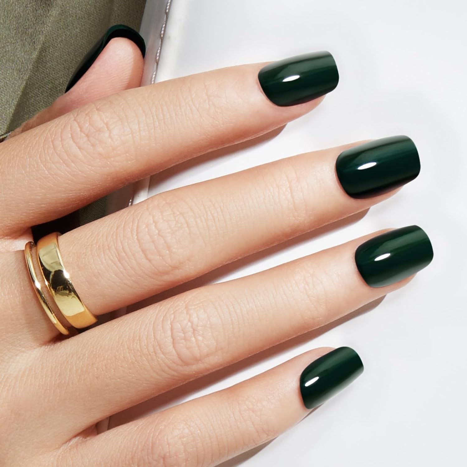 Dark Green Press on Nails, Short Square Fake Nails, Reusable Nail Kit with Na…