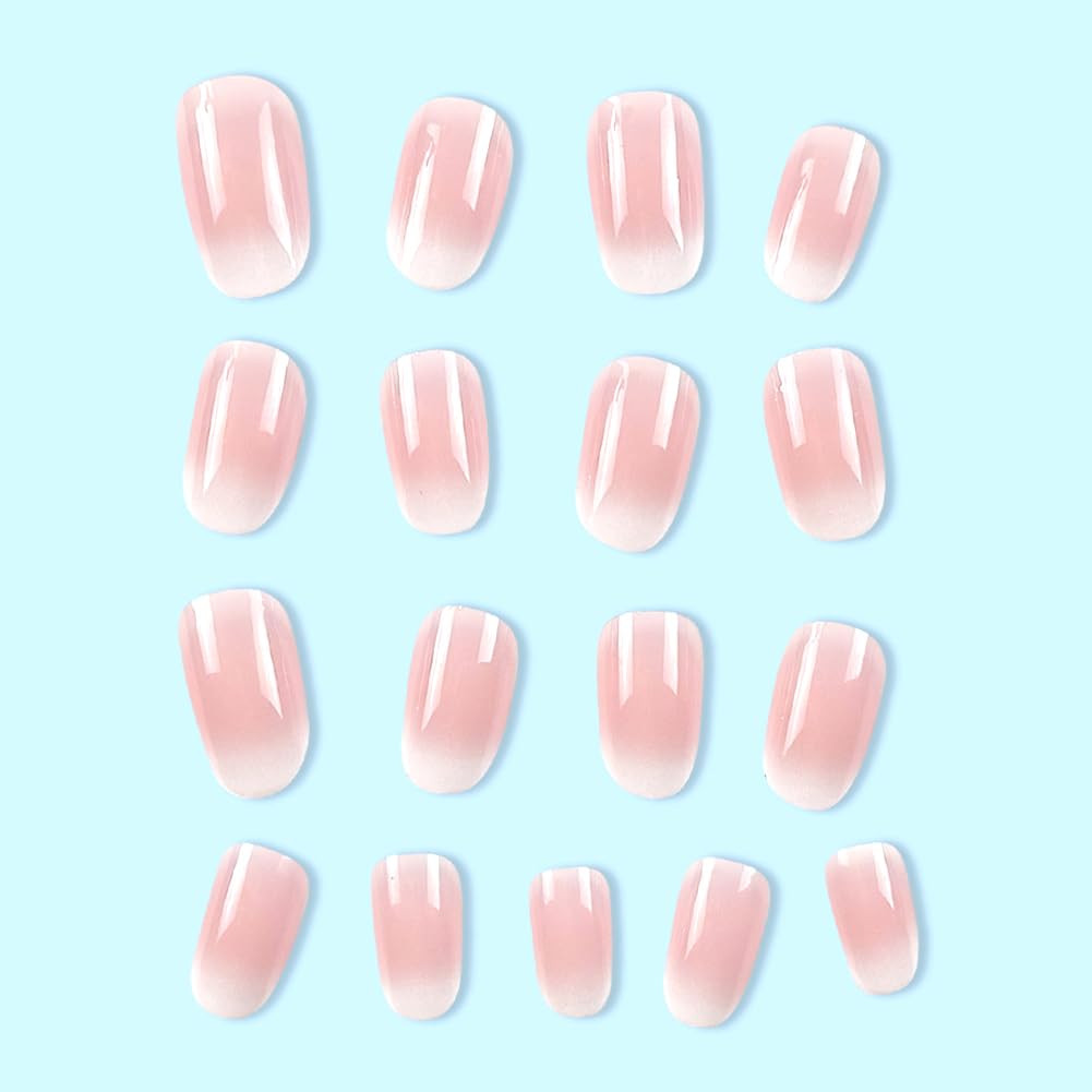 Almond Press on Nails Short Squoval Fake Nails Pink Ombre White False Nails with