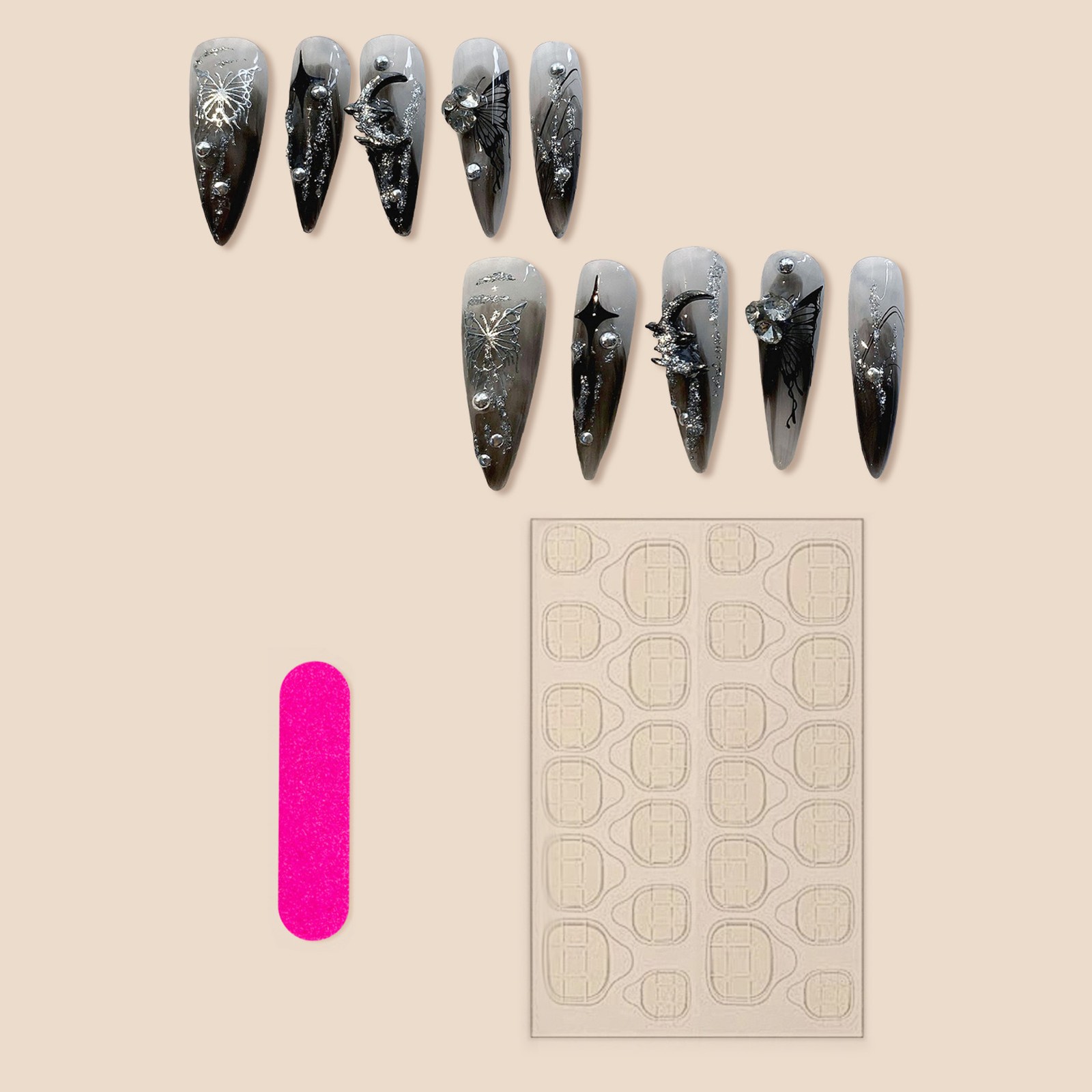 Black Moon Butterfly Halloween Fake Nail,Rhinestone Stiletto Press On False Nail