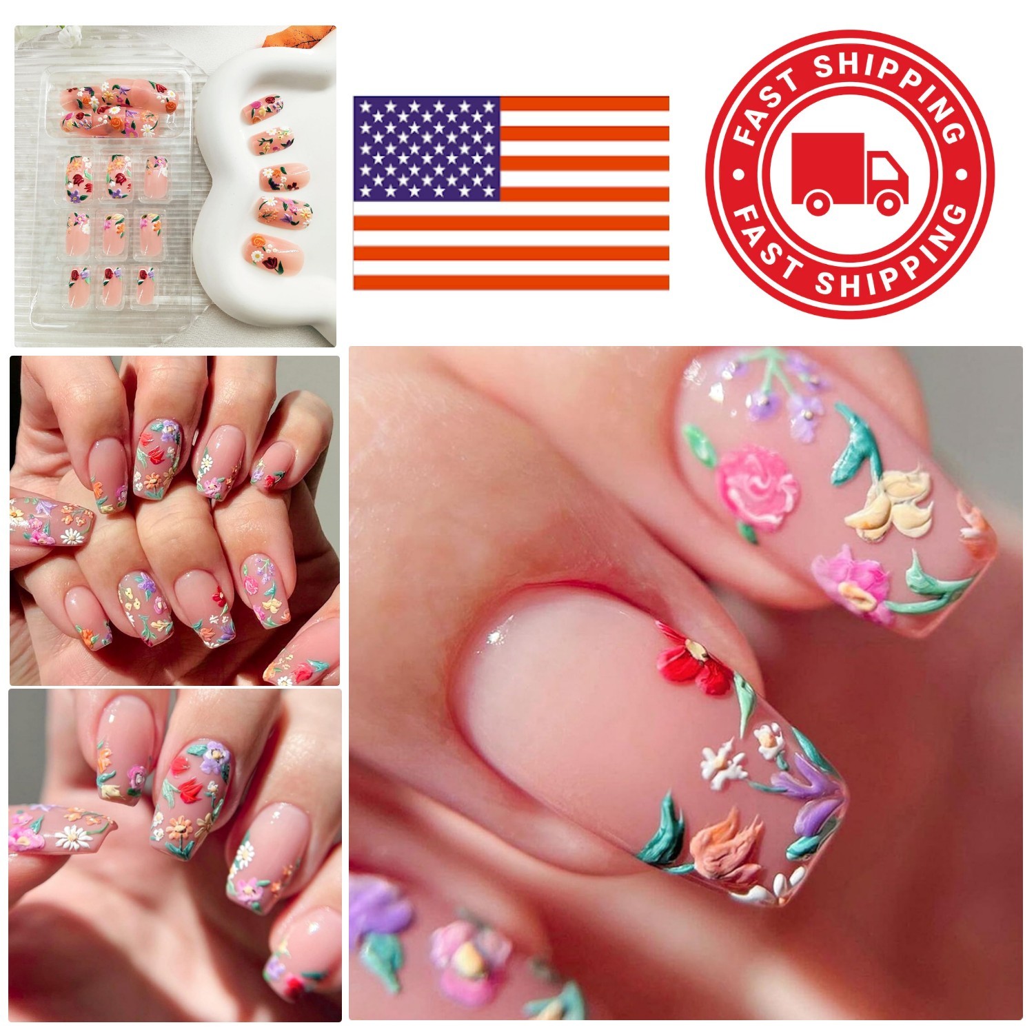 Acrylic Press On Nails Medium Colorful Floral Design Perfect for Any Occasion