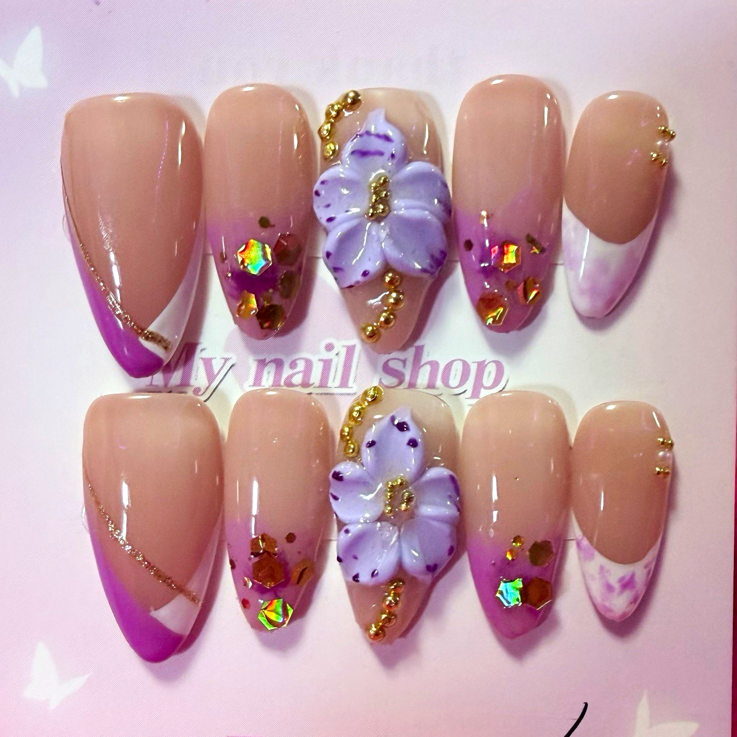 Nude/Purple/Gold 3D Floral Almond Press-On Nails, size large