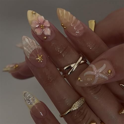 24Pcs Summer Press on Nails Ocean 3D Starfish Flower Fake Nails Summer Starfish