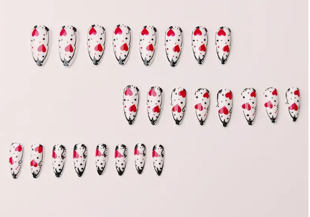 Valentines 24 Pcs Press-on Nails Long Almond Glossy White Red Hearts Black Dots
