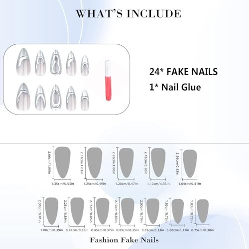 Silver Press on Nails Medium Almond Fake Nails 3D French Tips False H-29Silver
