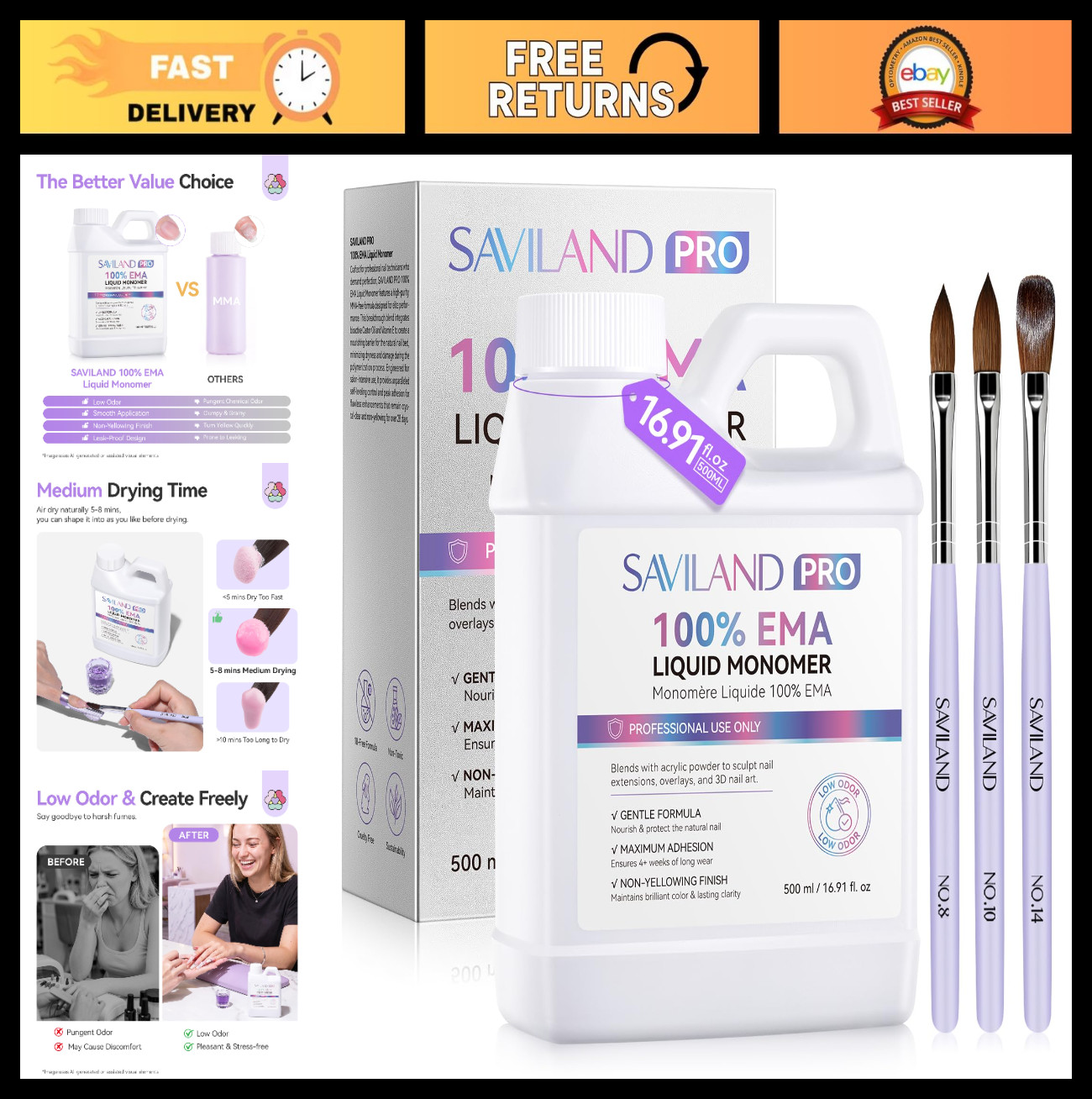 500ml Low Odor Acrylic Nail Liquid, Pure EMA Monomer + 3 Brushes, Non-Yellowing,