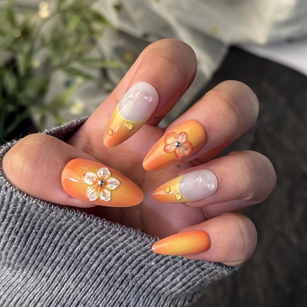 Almond Press on Nails Sunset Ombre French Tip, 3D Frosted Flower, Warm Orange…