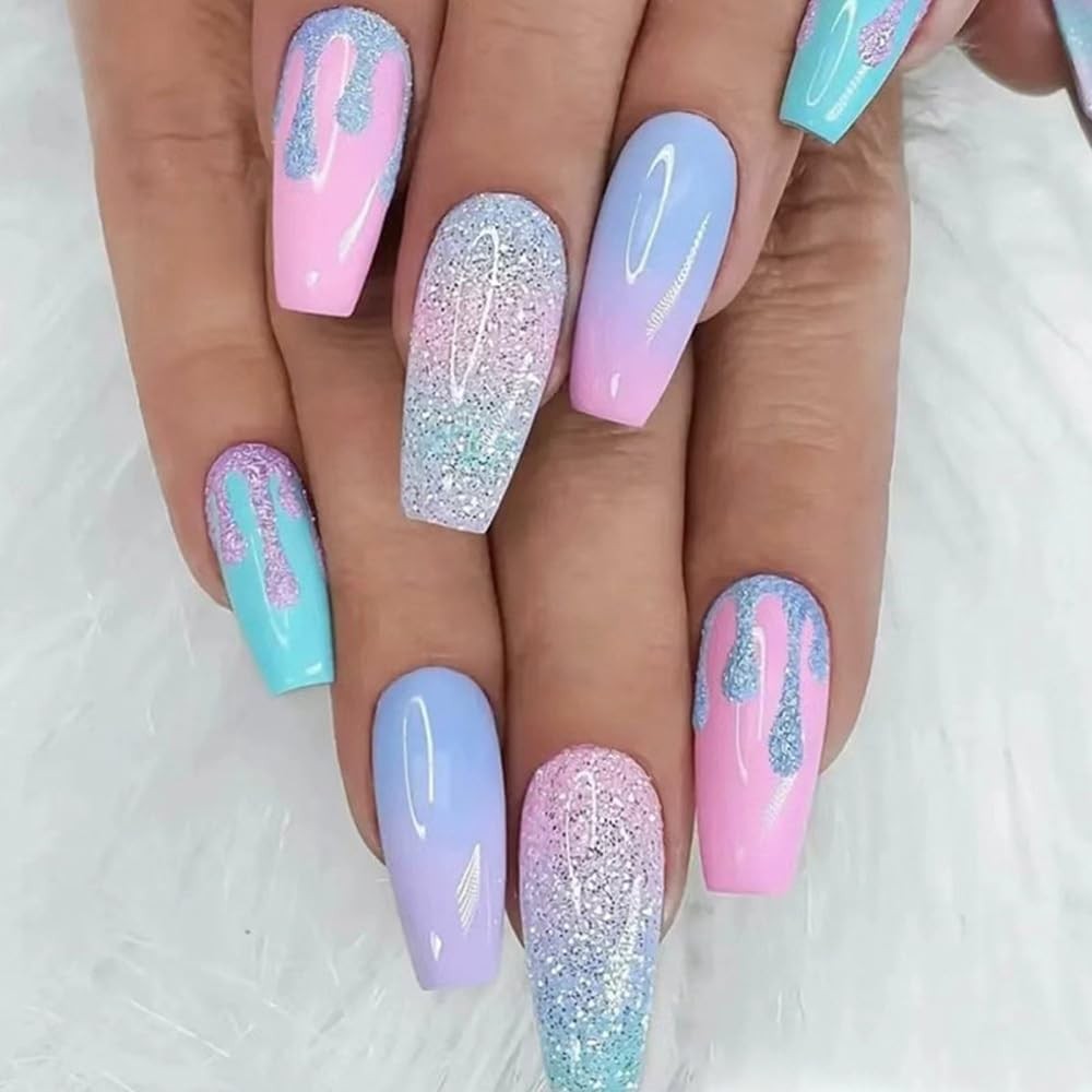 Medium Short Ombre Pink Fake Nails – Press On, Glitter, Gel on Acrylic False …