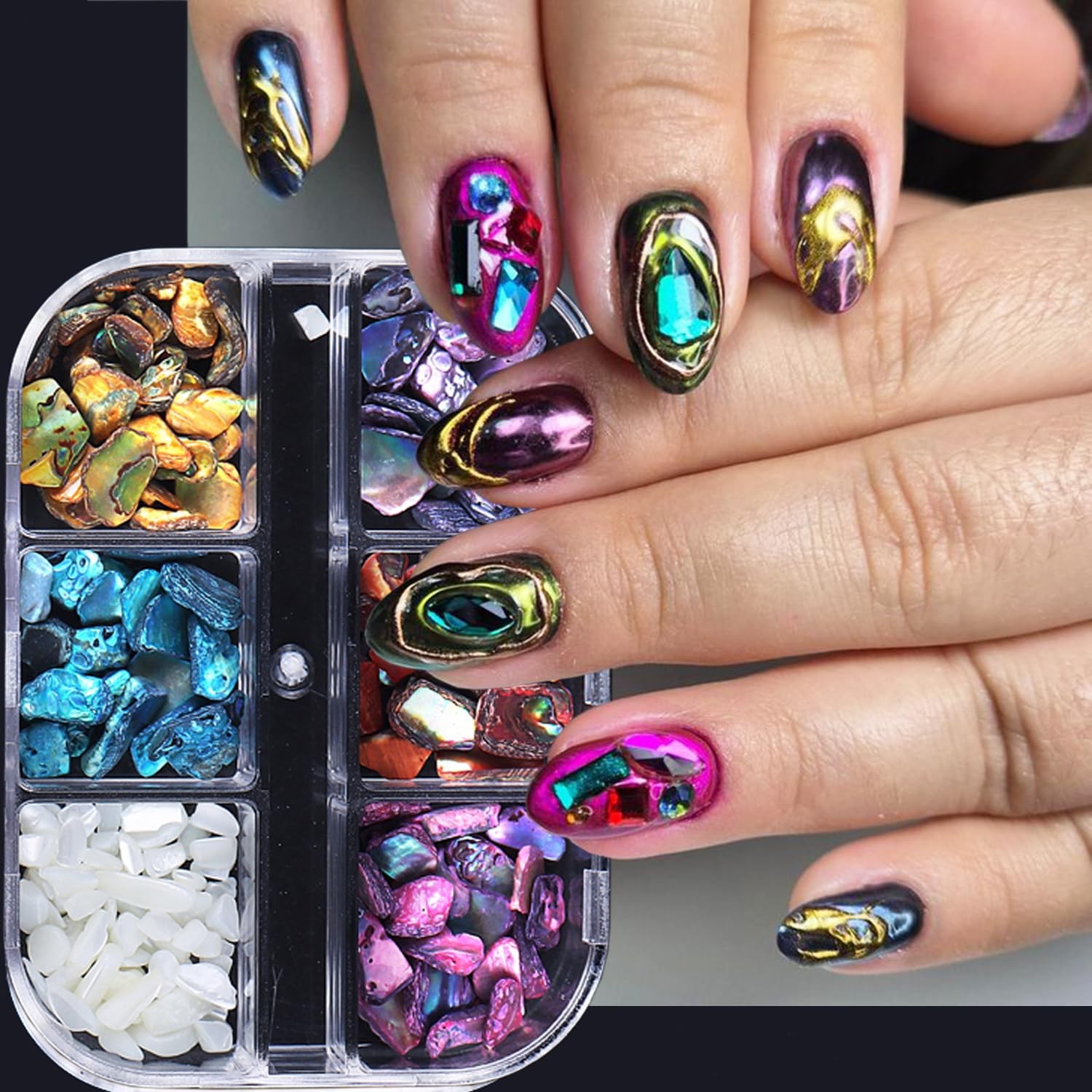 6 Grids Colorful Abalone Shell Stone Nail Gems and Charms 3D Irregular Stone …