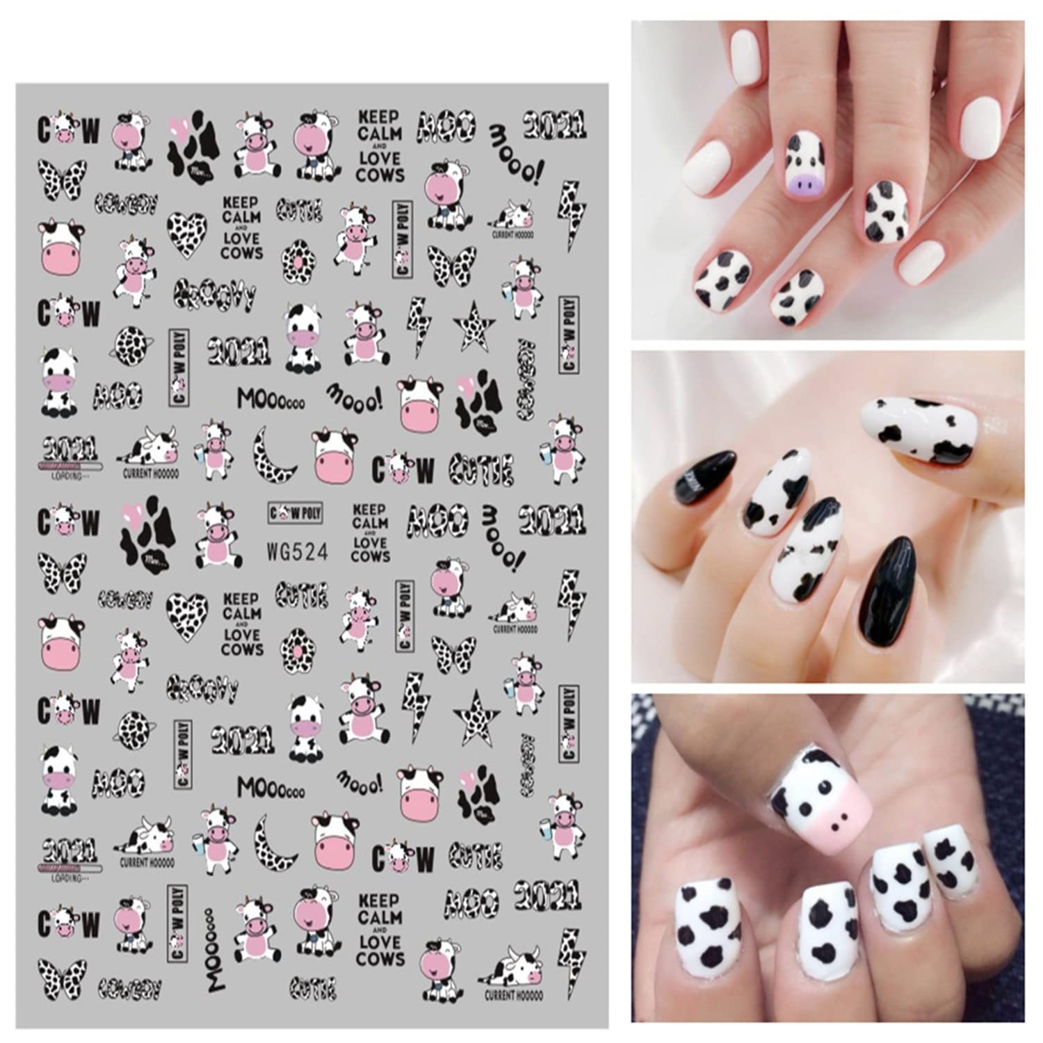 Cute Cow Nail Art Stickers, Cartoon Cow Nail Decals 3D -Adhesive Nail Sticker…