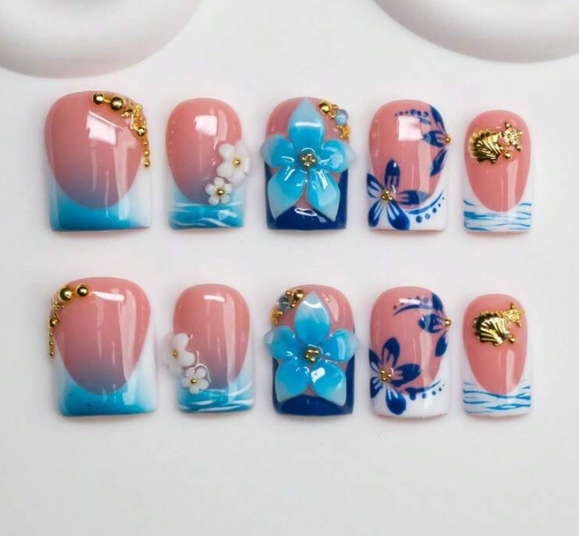 3D Flower Press-On Nails Short Square Full Cover Pink Gold Blue White Set