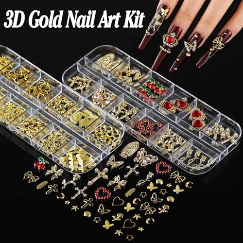 Nail Charms Rhinestones Kit – 18000Pcs 3D Gold Silver Gems, Cross Crown Pearls f