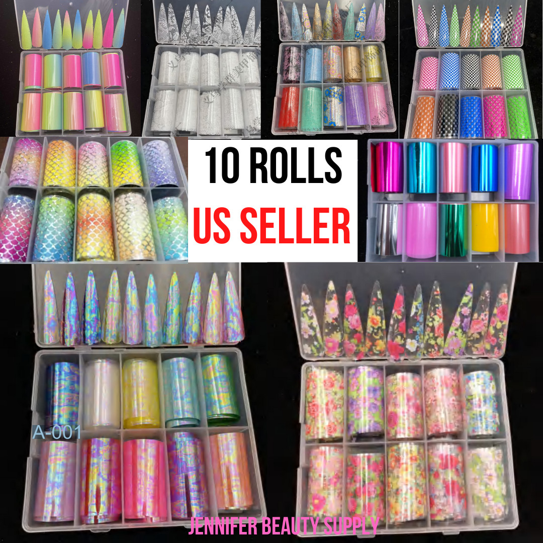 10 Rolls Holographic Nail Art Transfer Foil Sticker Flower Starry AB Paper Wraps