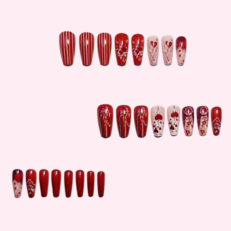 48PCS long red and white heart-shaped rose reusable red fake nail art