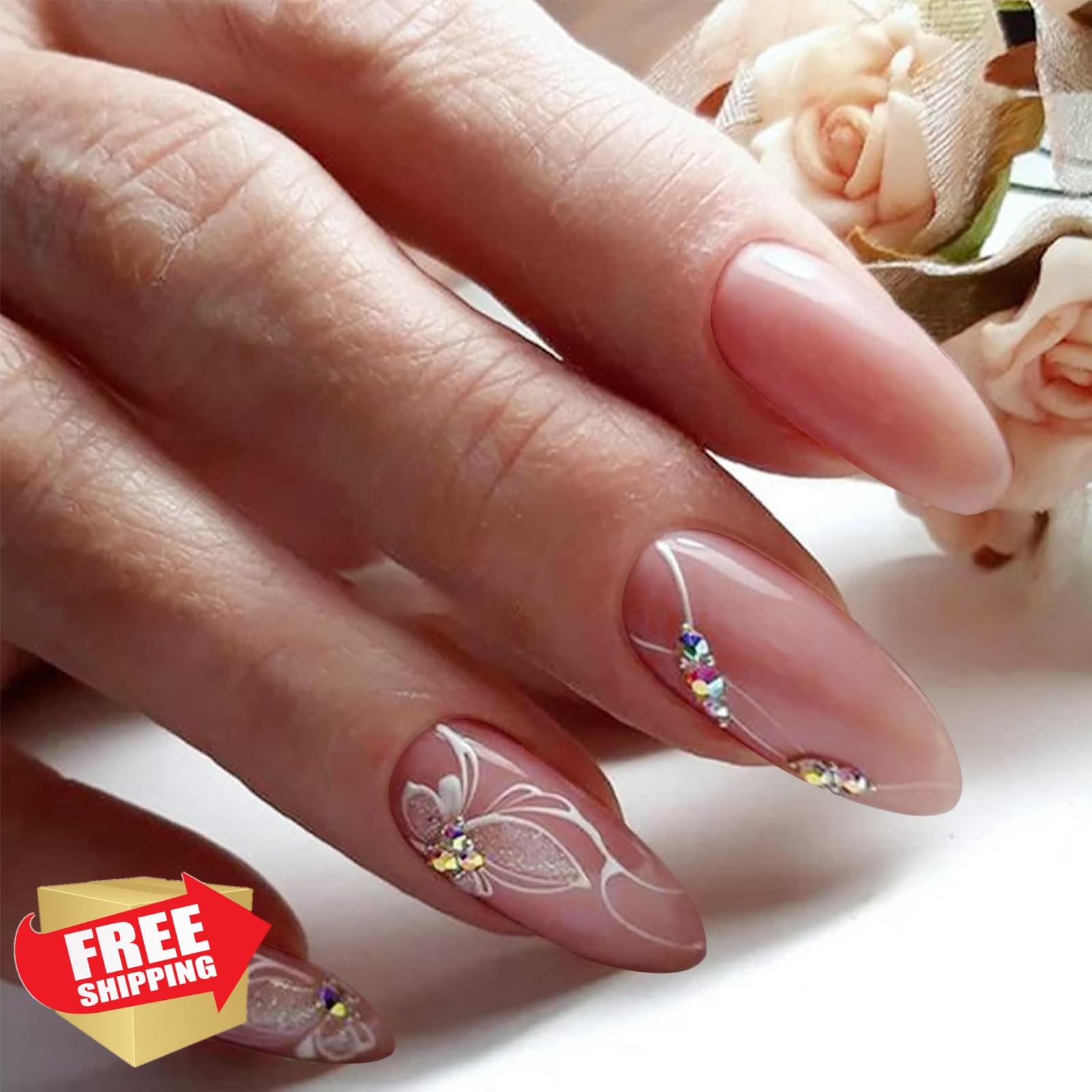 SEMATA Pink Almond Press on Nails Butterfly Rhinestone Spring 24Pcs