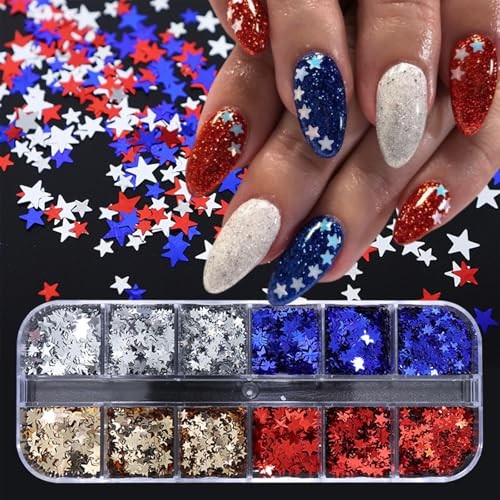 12 Grids Independence Day Nail Sequins，3D Holographic Nails independence Day-1
