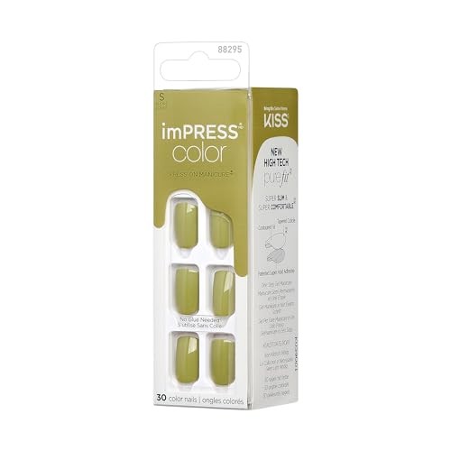 Impress Color No Glue Mani 30 Pcs Press on Nails, Olive Green, Green Juice