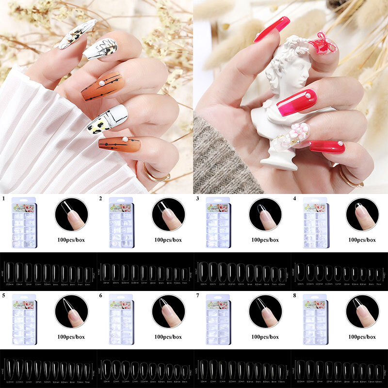 100pcs Fake Nail Transparent Acrylic Nail Seamless Full/Half Cover Nails Decor