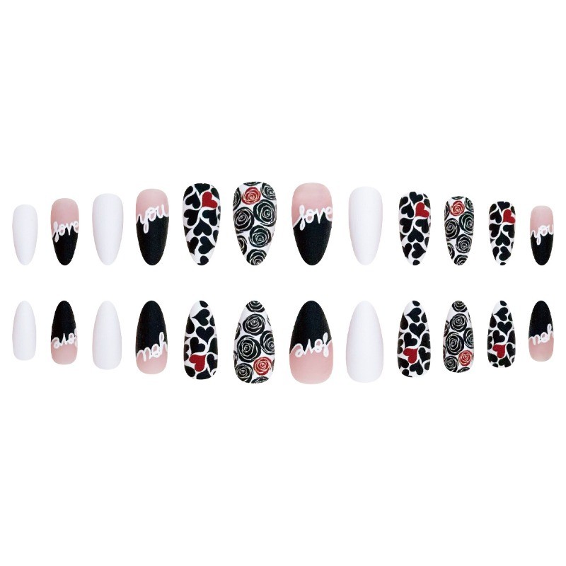 48PCS Long Black and Pink Heart-shaped Rose Nail Press, Reusable Nail Art