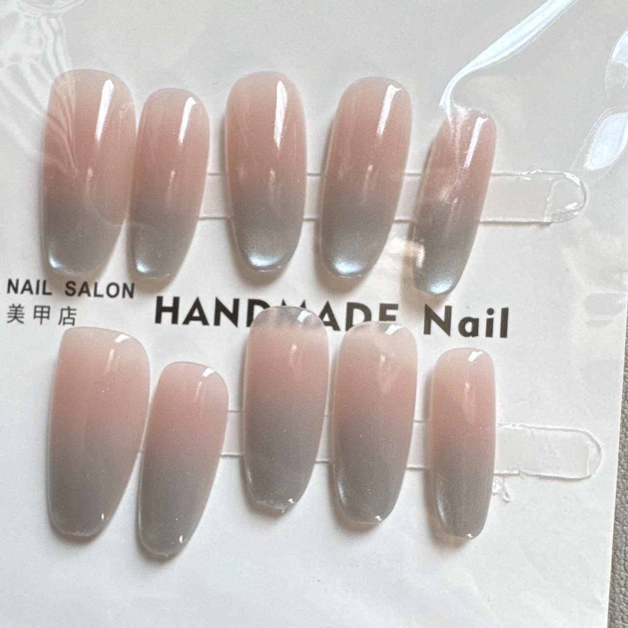 Press-On Nails Coffin Long Pink/Gray Ombre Shiny Full Cover Pre-Designed Set