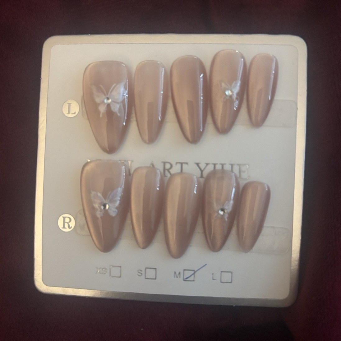 Press-On Nails Set Brown Shiny Butterfly Medium Almond Full Cover Pre-Designed