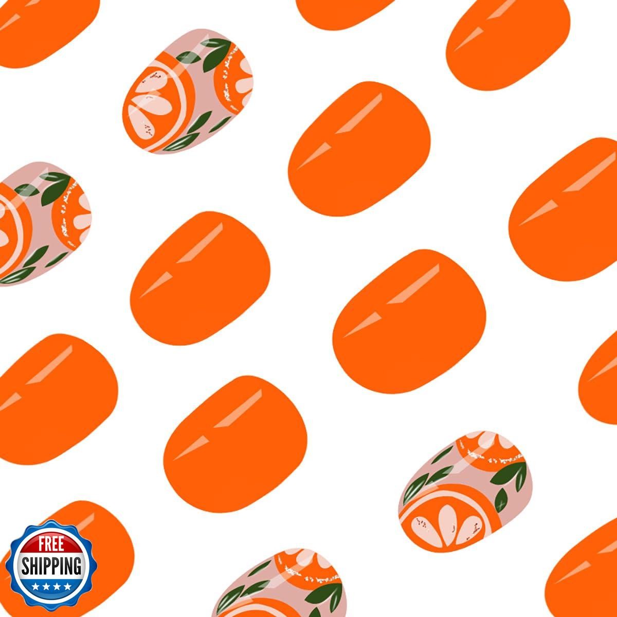 Orange Press on Nails Short Oval Orange Green Leaves Fake Nails with Designs