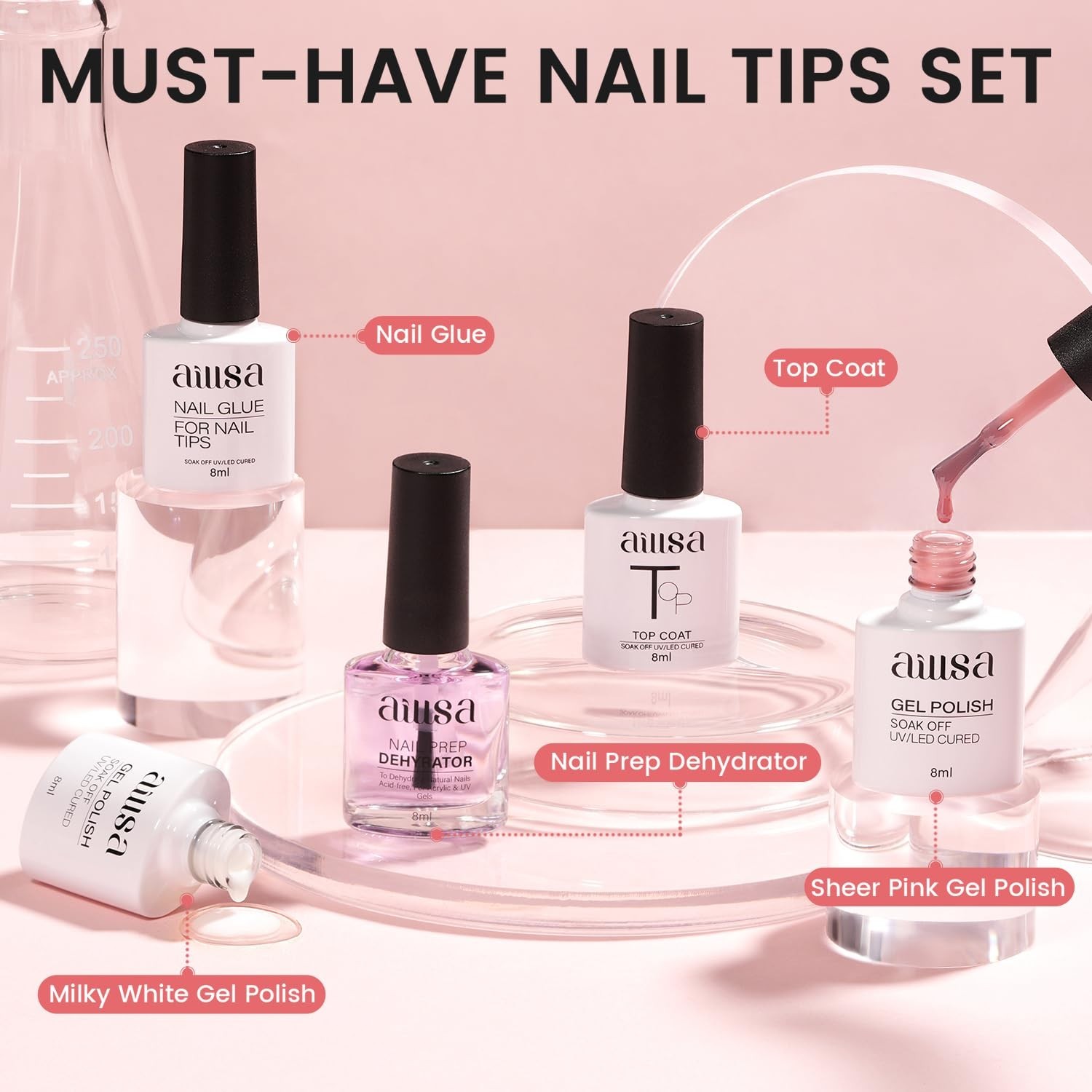 Nail Extension Kit 240pcs Short Almond Tips, 2-in-1 Glue & Base Coat, Gel Lamp