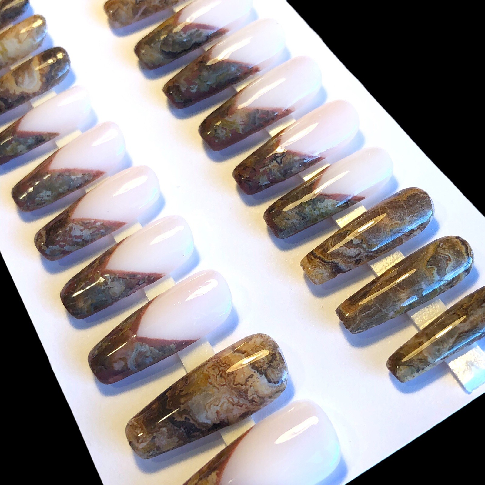 Custom Handmade Press On Nails Long Coffin Milky White Brown French Marble Nails