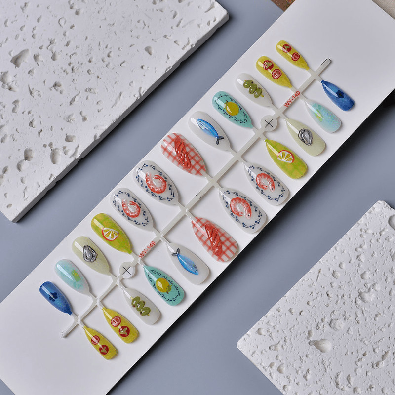 48 Pcs Cartoon Food Almond Press on Nails, Lovely Summer Vacation Fake Nails