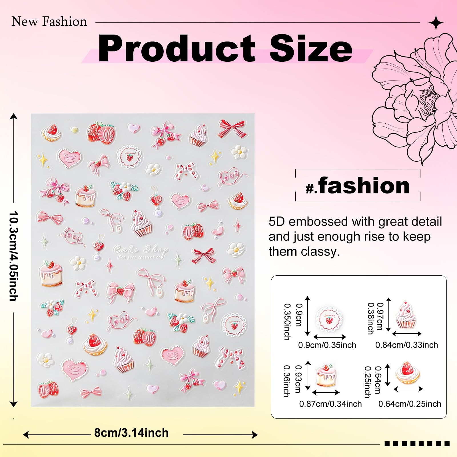 5D Embossed Pink Nail Stickers for Nail Art Cake Strawberry Bow Nail Decals A…