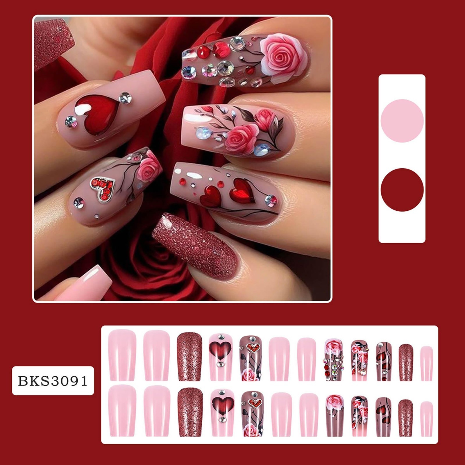 Rose Heart 3D Gem Handmade Press On Nails