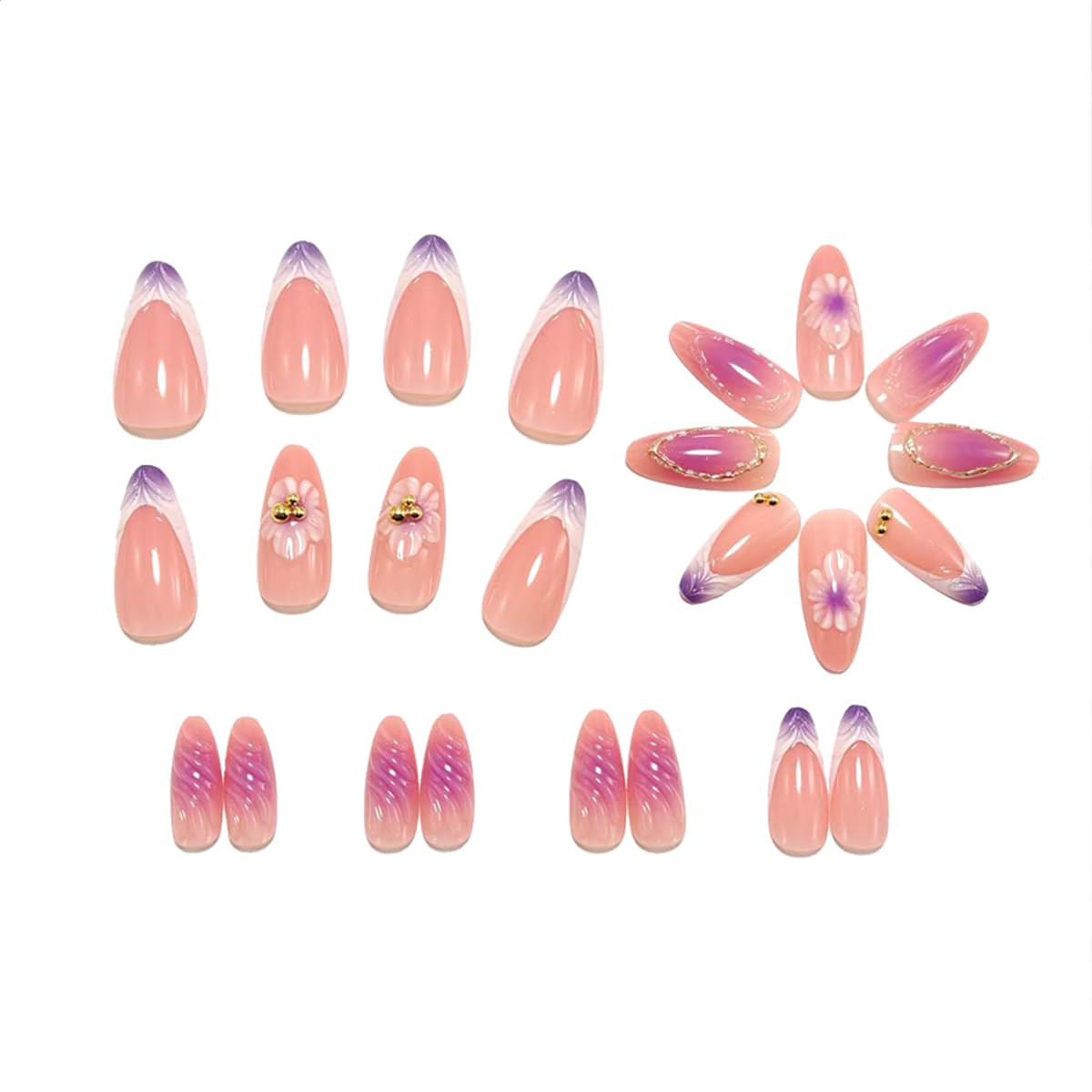 24Pcs French Tips Press on Nails Long Almond Fake Nails 3D Flower False Nails Pu