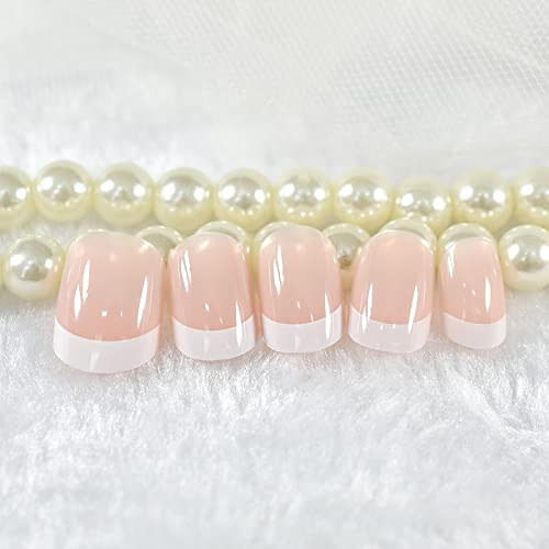 Natural Glossy Nude Pink White Press on French False Nails Nude Pink with white