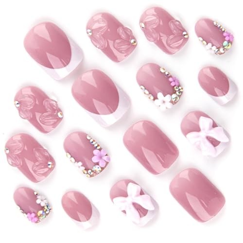 Pink Press on Short Square Fake Nails with 3D Bow Charms Standard Dark Pink