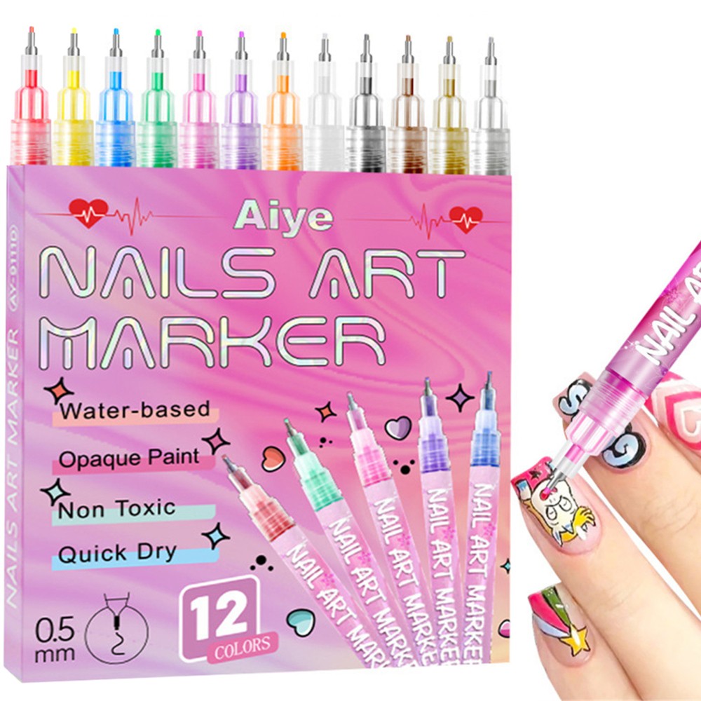12Pcs Nail Art Pen Marker Set 0.5mm Extra Fine Tip Graffiti Drawing Embellishing