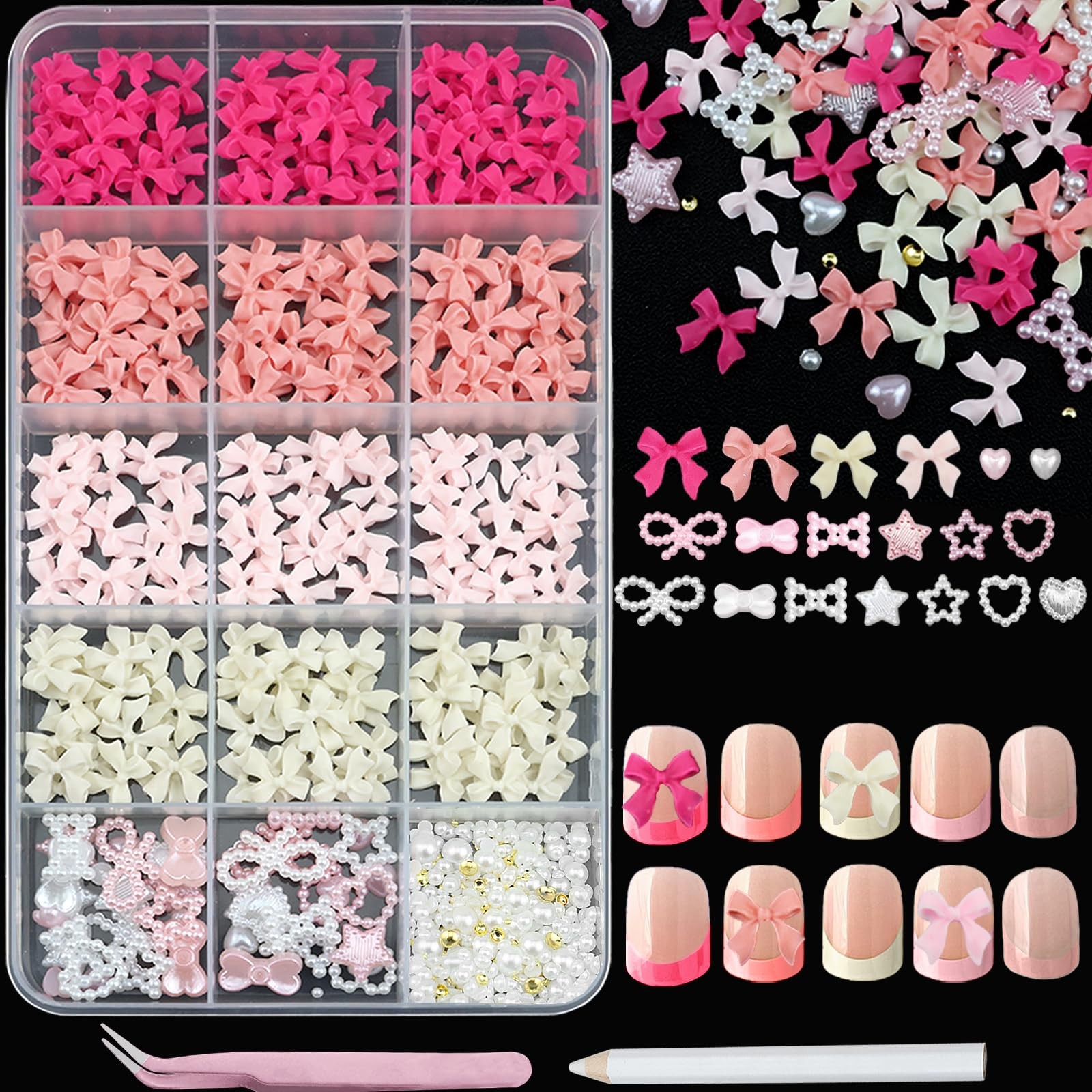 Pink Bow Nail Charms and Gems White Flatback Pearls Charms for Nails Design C…
