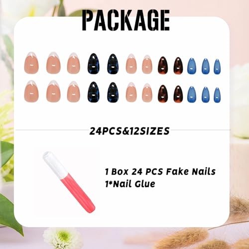 Oval Press on Nails Short Fall Fake Nails Blue Ombre, Brown Amber 92-04Blue
