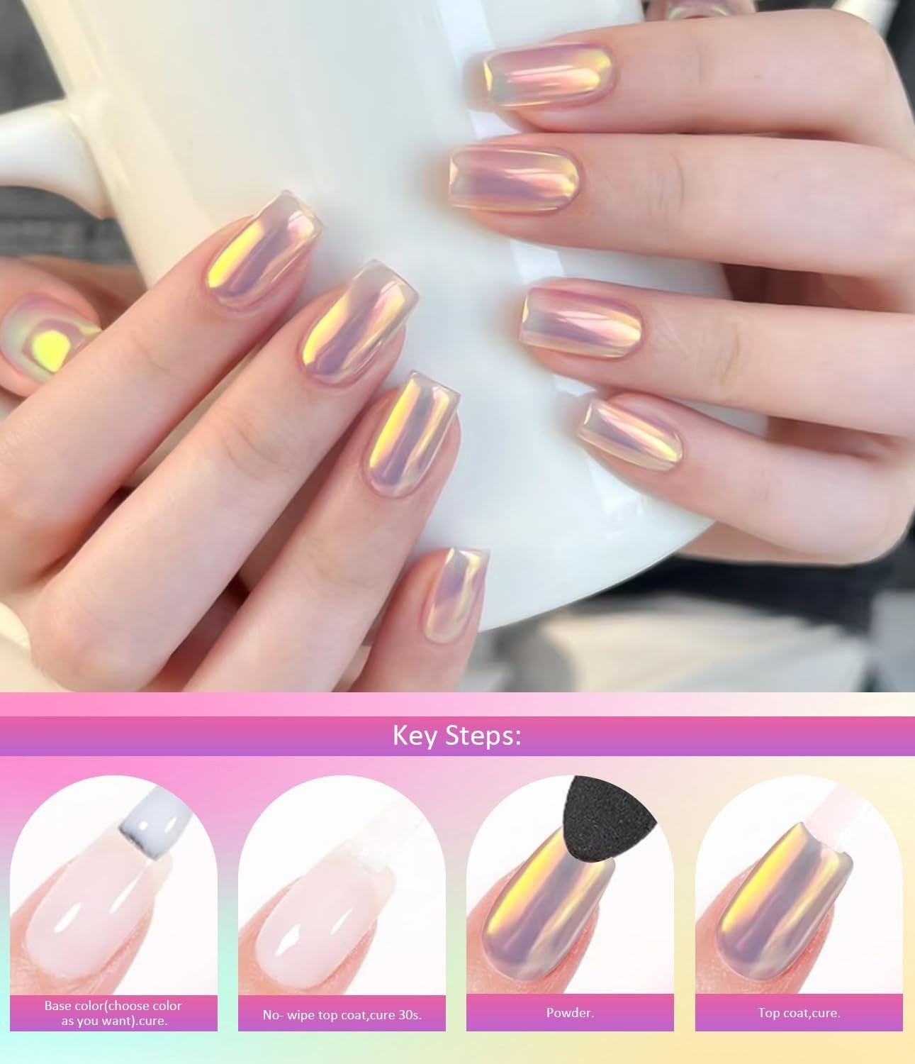 4-Piece Holographic Nail Powder Set with Pearlescent Shine for Glossy Nails