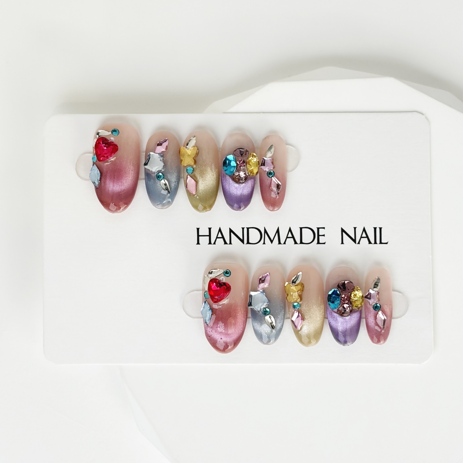 Rainbow Sugar Diamond Press-On Nails Medium Oval Sweet Cool Style Handmade Set
