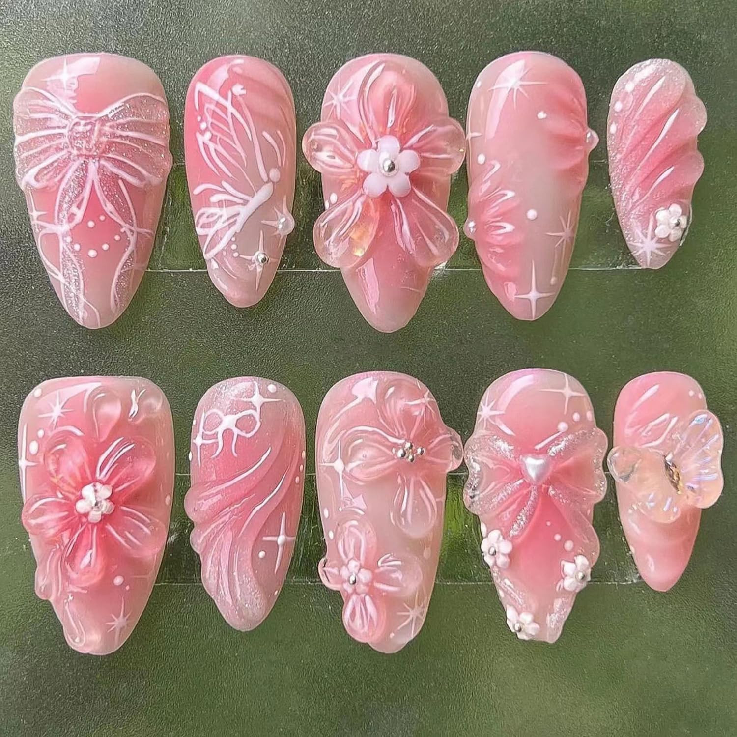 30Pcs Summer Press on Nails Medium Almond Fake Nails with 3D Starfish Designs, 3