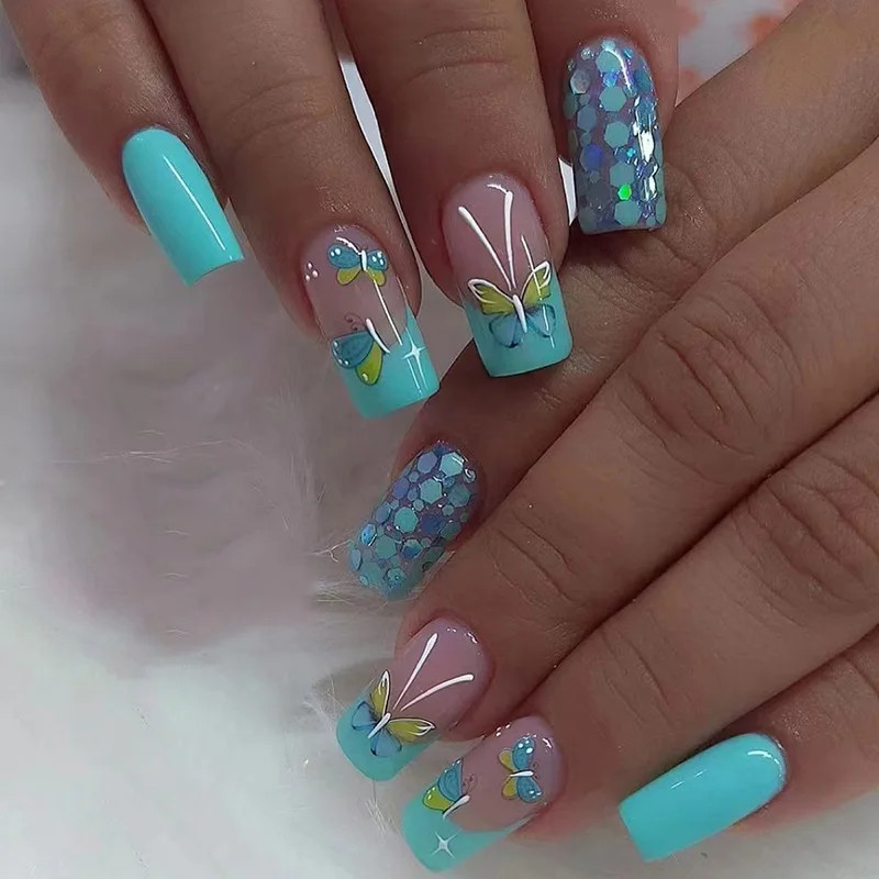 24pcs Square Short Fake Nails Blue Green Butterfly French Press on Nails Full