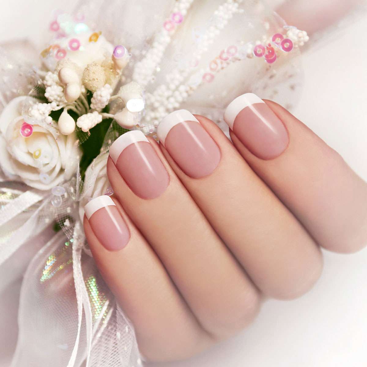 24pcs Short Square White French Style Fake Nail False Nails Press On Nails Glue