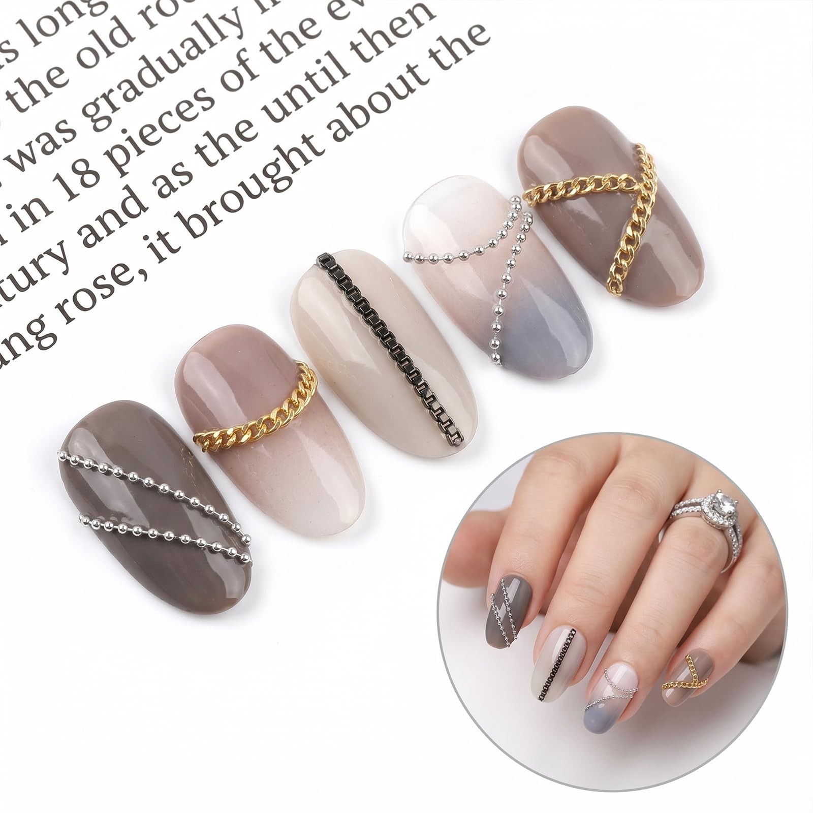 12 Strips Metal Nail Chains for Nail Art, 3D Gold Silver Black Chain Nails Ch…