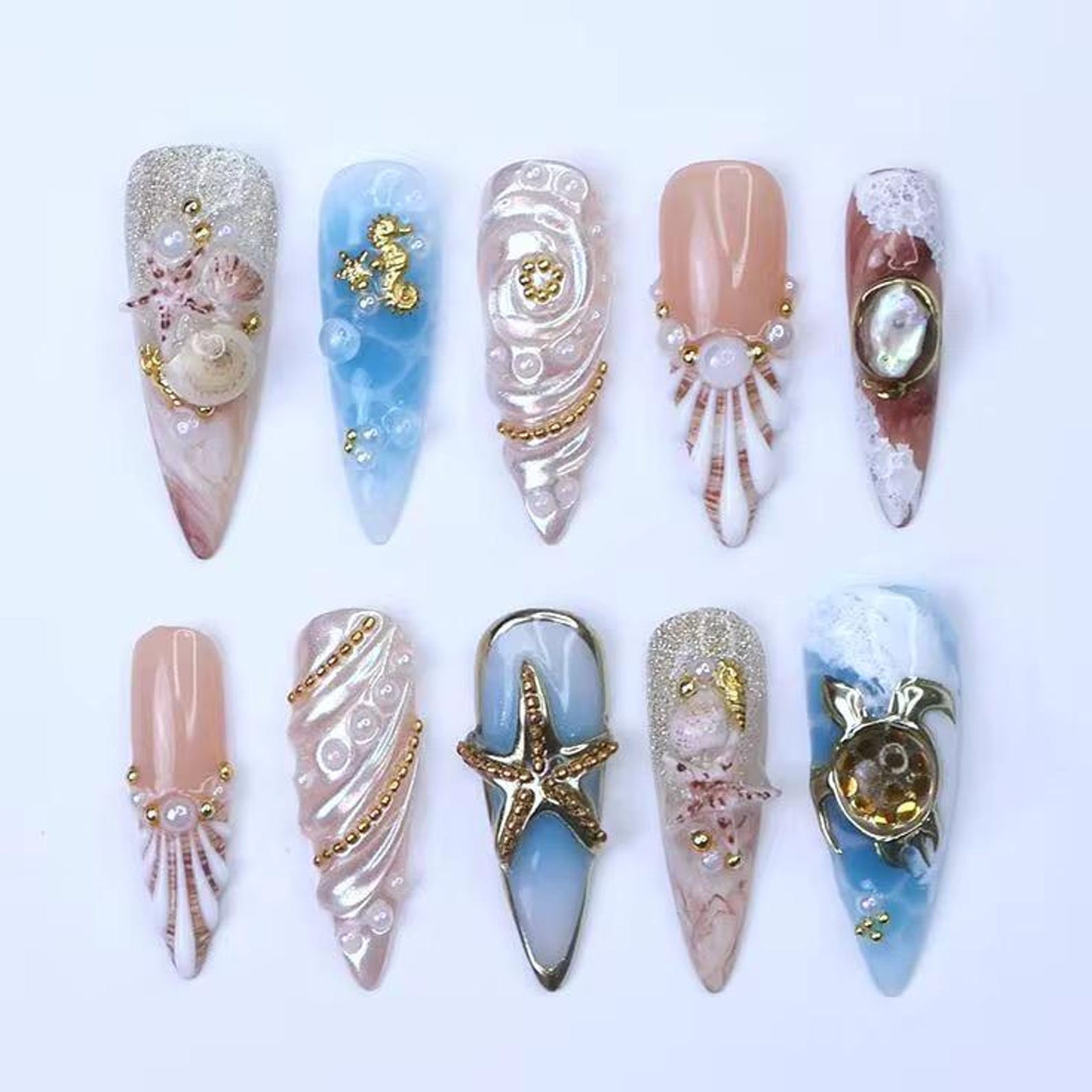 Handmade Ocean Seahorse Turtle Starfish Shell Pearl Long Stiletto Press on Nails
