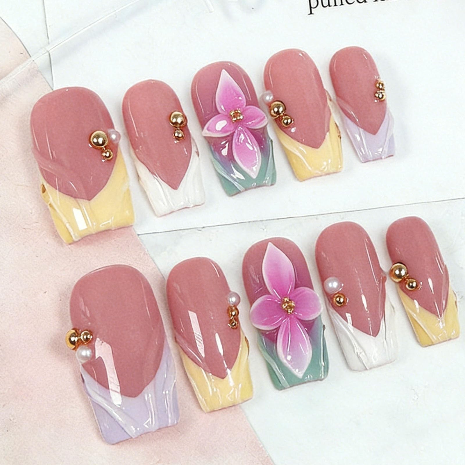 10 Pcs Medium Square Press-On Nails, 3D Flower Colorful French Tips, Acrylic M S